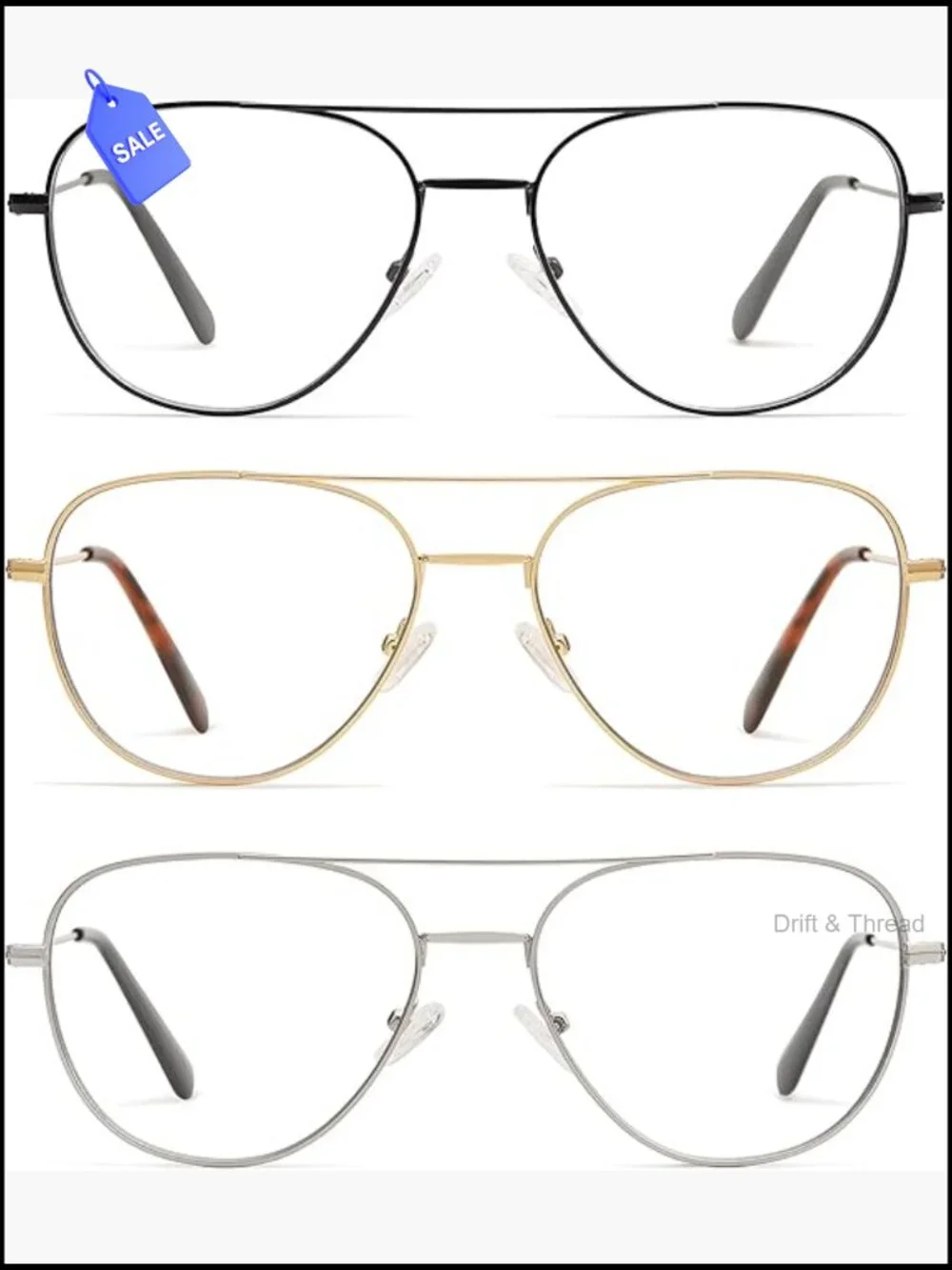 3-Pack Retro Aviator Reading Glasses Blue Light Blocking Square Metal Readers